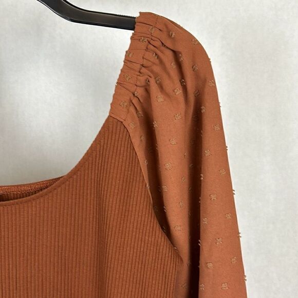 NWT ePretty Off Shoulder Ribbed Top Sz L Brown Stretch Long Sleeve Ruffled Cuff - Picture 3 of 8